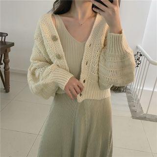 Lightweight Knit Cardigan / Mock-neck Long-sleeve Rib-knit Bodycon Dress