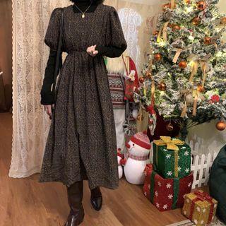 Mock-two Piece Puff-sleeve Floral Print Chiffon Dress