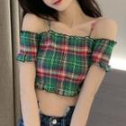 Short-sleeve Plaid Crop Top Green - One Size