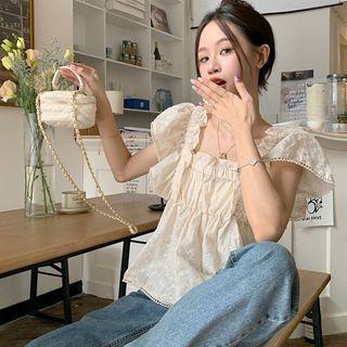 Short-sleeve Eyelet Lace Chiffon Blouse Almond - One Size