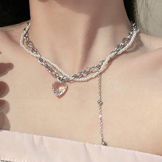 Heart Faux Crystal Pendant Faux Pearl Layered Stainless Steel Necklace Tassel - White & Silver - One Size