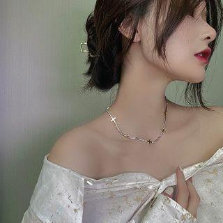 Rhinestone Alloy Cross Choker Silver - One Size