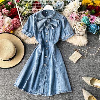 Bow-neck Short-sleeve Denim Dress