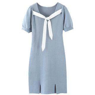 Puff-sleeve Tie-neck Knit Bodycon Dress Blue - One Size