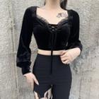 Long-sleeve Lace-up Frill Trim Corp Top