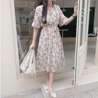V-neck Tie-waist Floral Print Chiffon Dress