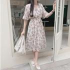 V-neck Tie-waist Floral Print Chiffon Dress