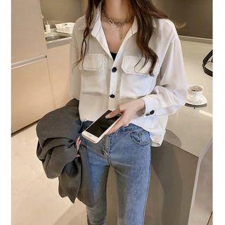 Contrast Stitching Flap-pocket Blouse