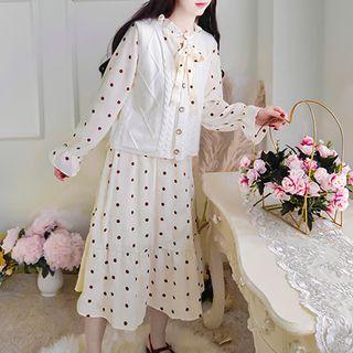 Set: Long-sleeve Ruffled Dotted Midi Dress + Knit Vest
