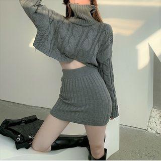Turtleneck Chunky Knit Cropped Sweater / Knit Mini Skirt