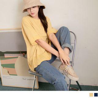 Short Sleeve Lace Panel Henley Top