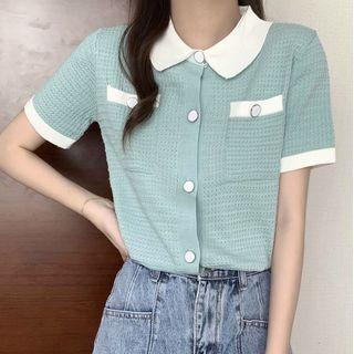 Color-panel Pocket-detail Short-sleeve Knit Top