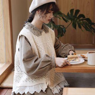Eyelet Lace Trim Knit Vest Beige - One Size
