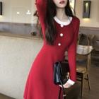 Color-block Crewneck Slim-fit Long-sleeve Dress