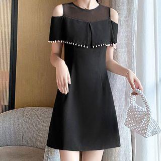 Cold Shoulder Mesh Panel Shift Dress