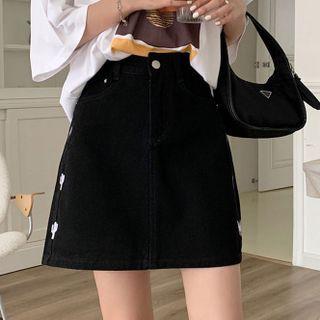 High-waist Side Embroidered A-line Denim Skirt