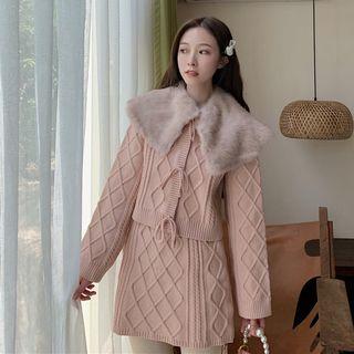 Set: Cape Accent Cardigan / Cable Knit Skirt Pink - One Size