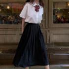 Short-sleeve Plain Shirt / Bow Tie / Mini Plaid Pleated Skirt / Midi Accordion Pleat Skirt / Set