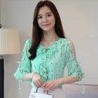 Elbow-sleeve Cold Shoulder Floral Print Chiffon Top
