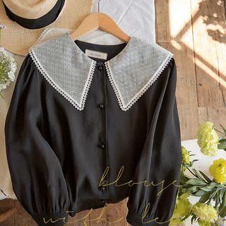 3/4-sleeve Mesh-collar Blouse