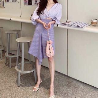 Set: V-neck Blouse + Striped Skirt