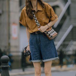 Set: Elbow-sleeve Shirt + Denim Shorts + Belt