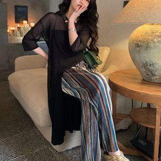 Long-sleeve Side-slit Long T-shirt