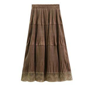 Lace Trim Midi A-line Velvet Skirt