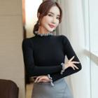 Long-sleeve Mock-neck Knit Top Black - One Size