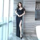 V-neck Mesh-sleeve Maxi Slit Sheath Dress