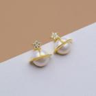 925 Sterling Silver Faux Pearl Planet Rhinestone Star Earring Stud Earring - 1 Pair - Gold - One Size