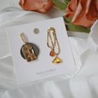 Non-matching Alloy Face Rhinestone Chain Dangle Earring 1 Pair - S925 Silver Earring - Black & Gold - One Size