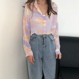 Long-sleeve Tie-dyed Chiffon Shirt