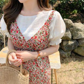 Puff Sleeve Plain Top / V-neck Floral Printed Dress