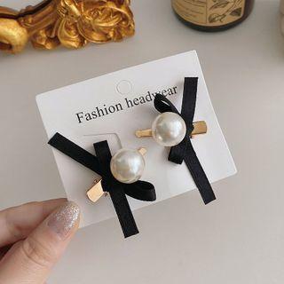 Faux Pearl Ribbon Hair Clip 1 Pair - Black & White & Gold - One Size