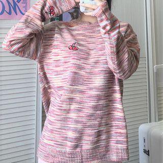 Long-sleeve Cherry Printed Knit Cropped Sweater Rainbow - One Size