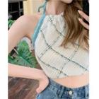 Sleeveless Tweed Check Halter Top