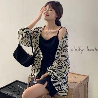 Spaghetti-strap Mini Sheath Dress / Plaid Shirt / Zebra Print Shirt