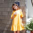 Cutaway-shoulder Ruffle-hem Linen Blend Dress