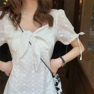 Bow Short-sleeve A-line Dress White - One Size