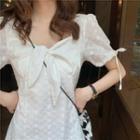 Bow Short-sleeve A-line Dress White - One Size