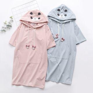 Short-sleeve Striped Midi Hoodie Dress