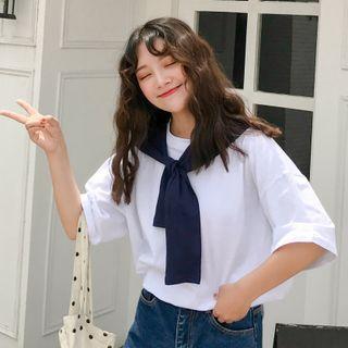Plain Elbow-sleeve T-shirt With Shawl
