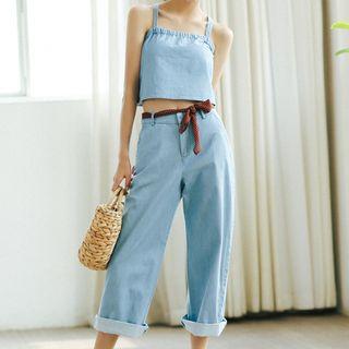 Set: Denim Strappy Top + Wide Leg Jeans