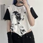 Round-neck Tie-dye Loose-fit Panel Short-sleeve Top