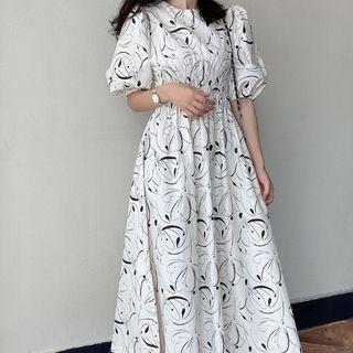 Short-sleeve Print Midi A-line Dress Black & White - One Size