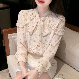 Tie-neck Floral Ruffle Trim Blouse