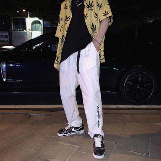 Lettering Belted Straight-cut Pants