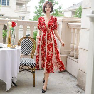 Short-sleeve Floral Print Paneled Midi A-line Dress