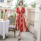 Short-sleeve Floral Print Paneled Midi A-line Dress